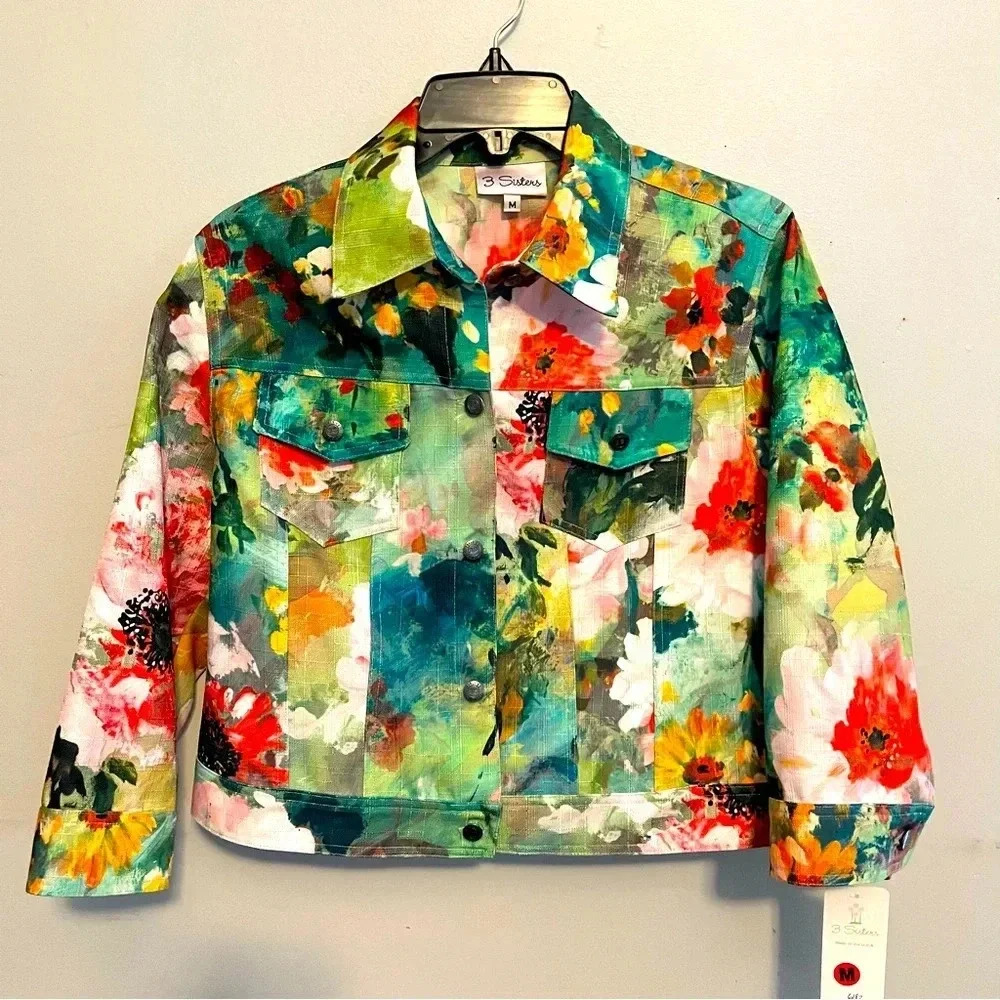 C28 NWT 3 Sisters button up jacket multicolor floral pockets Sz M